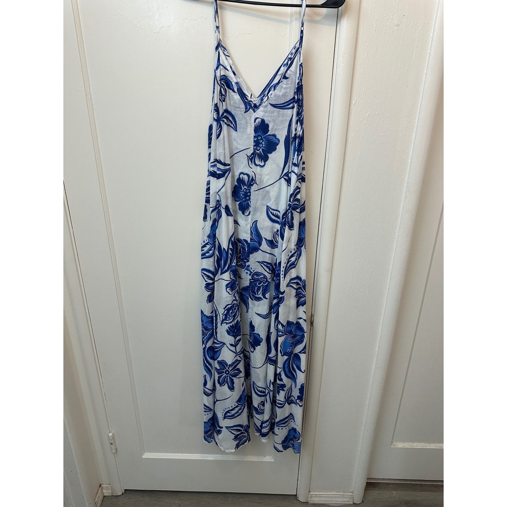 Haute Hippie Style Blue White Floral Cotton Maxi Dress V-Neck Medium